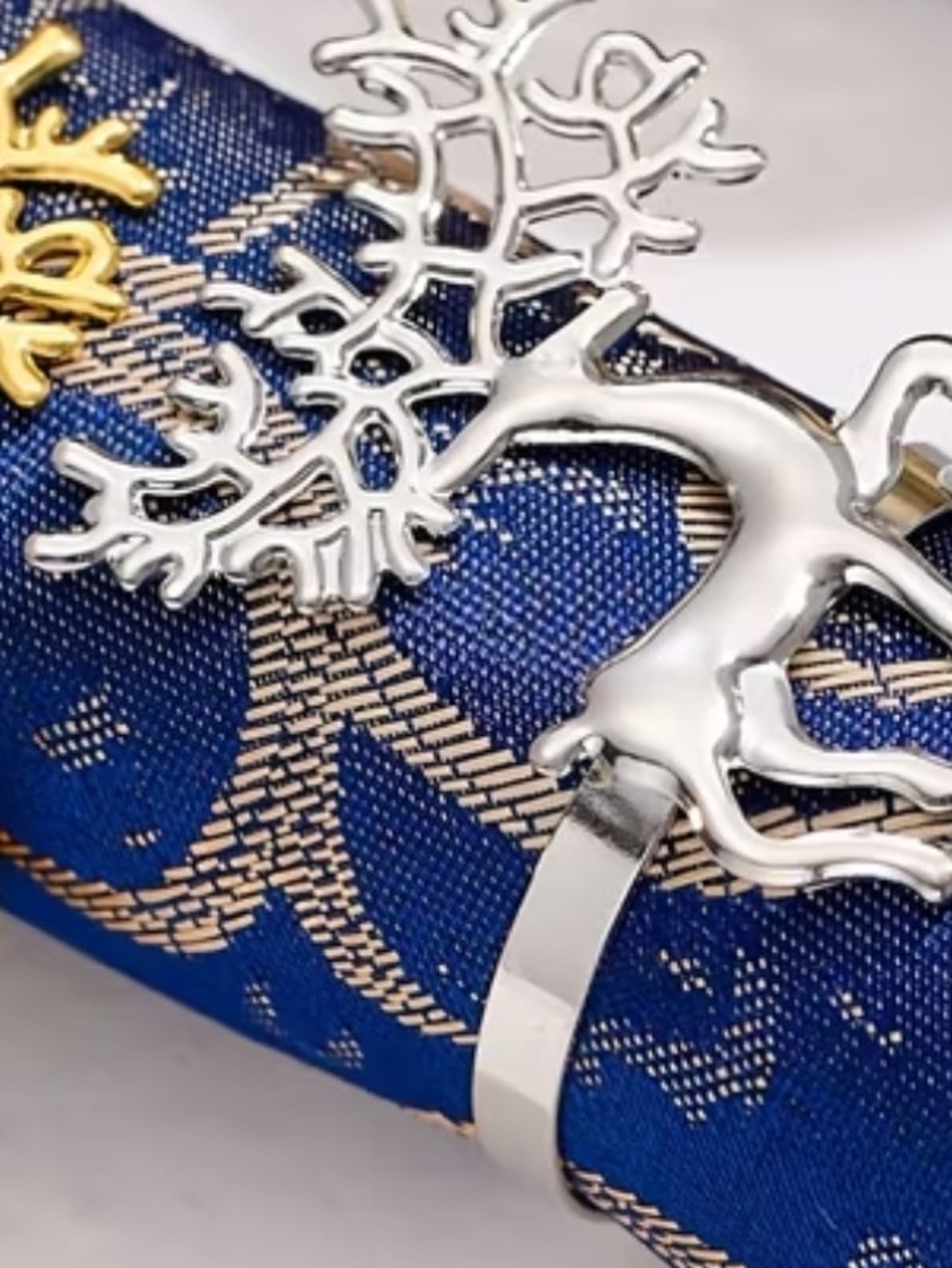 Silver Reindeer Napkin Rings / Set Of 6 with Blue - Holiday Table Decor